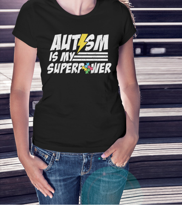Autism Is My Superpower Puzzle Piece Lightning Bolt Kid Child T-Shirt