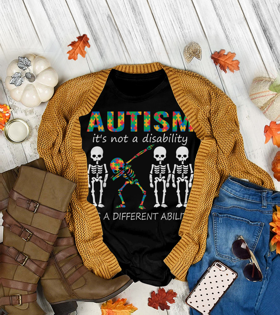 Autism It's Not a Disability It's a Different Ability Dabbing Skeleton Puzzle T-Shirt