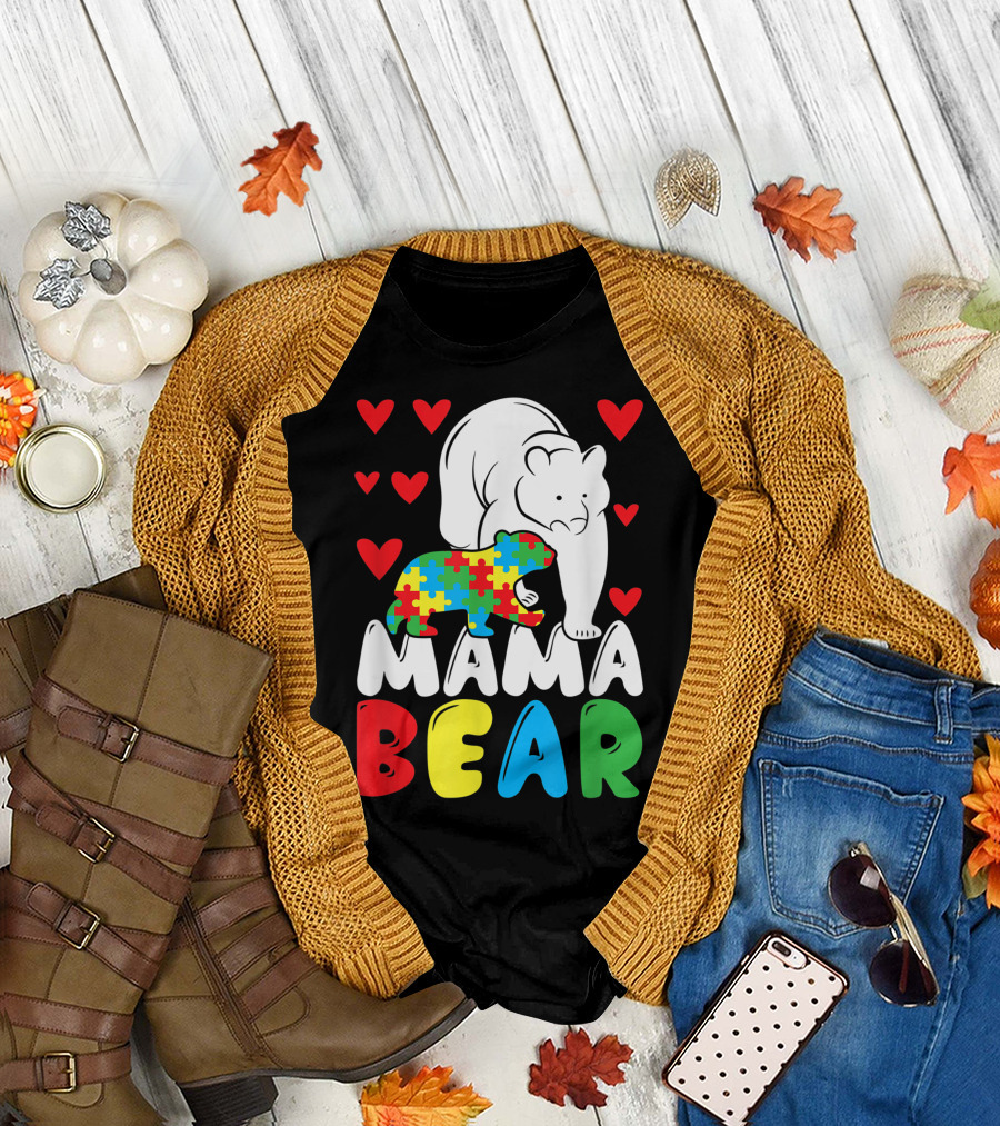 Mama Bear Puzzle Piece Autism Hearts Colorful Women's Autistic T-Shirt