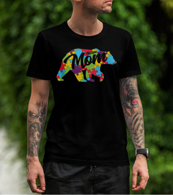 Autism Mom Bear Puzzle Pattern Women Autism Awareness T-Shirt