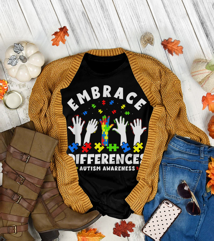 Embrace Differences Autism Awareness Puzzle Hands T-Shirt