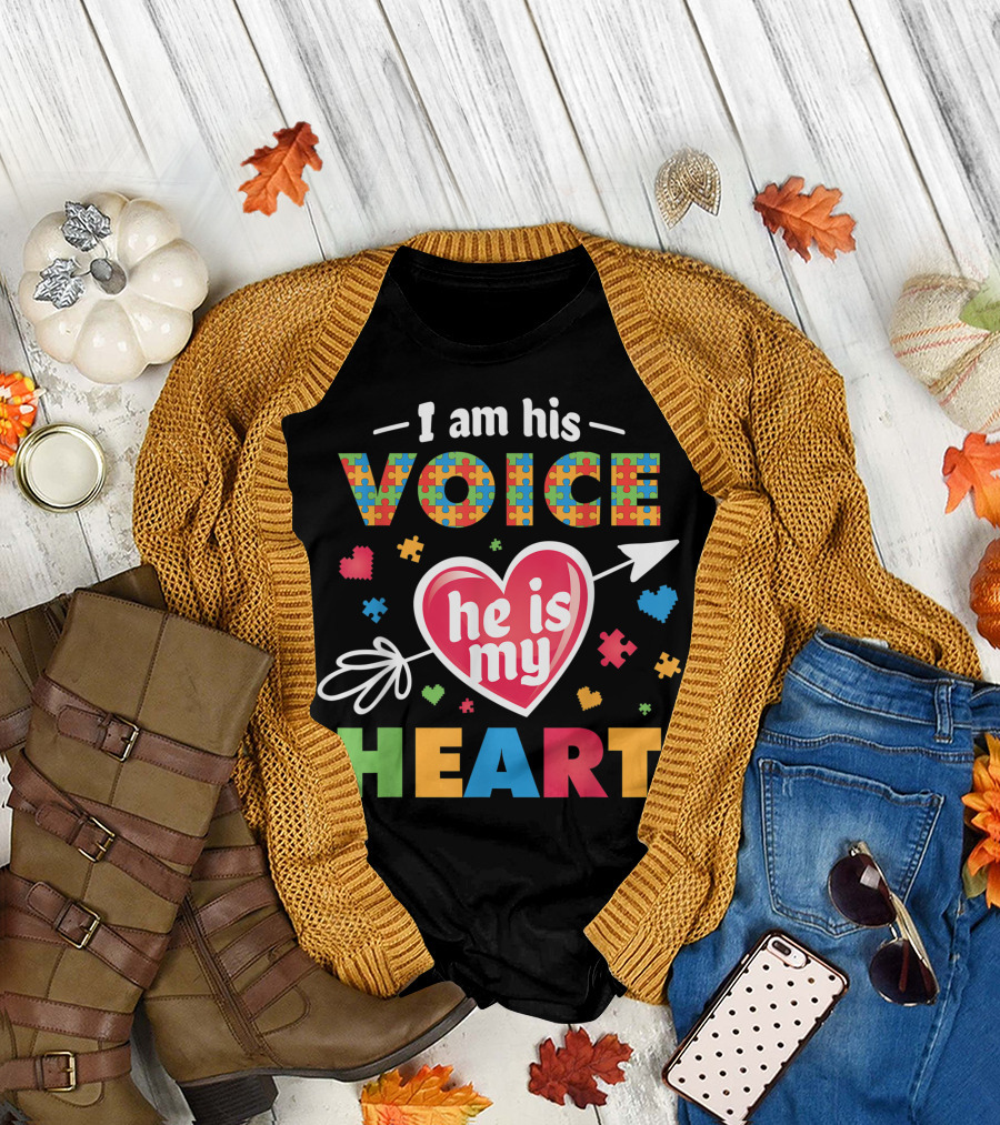 I Am His Voice He Is My Heart Autism Puzzle Piece T-Shirt