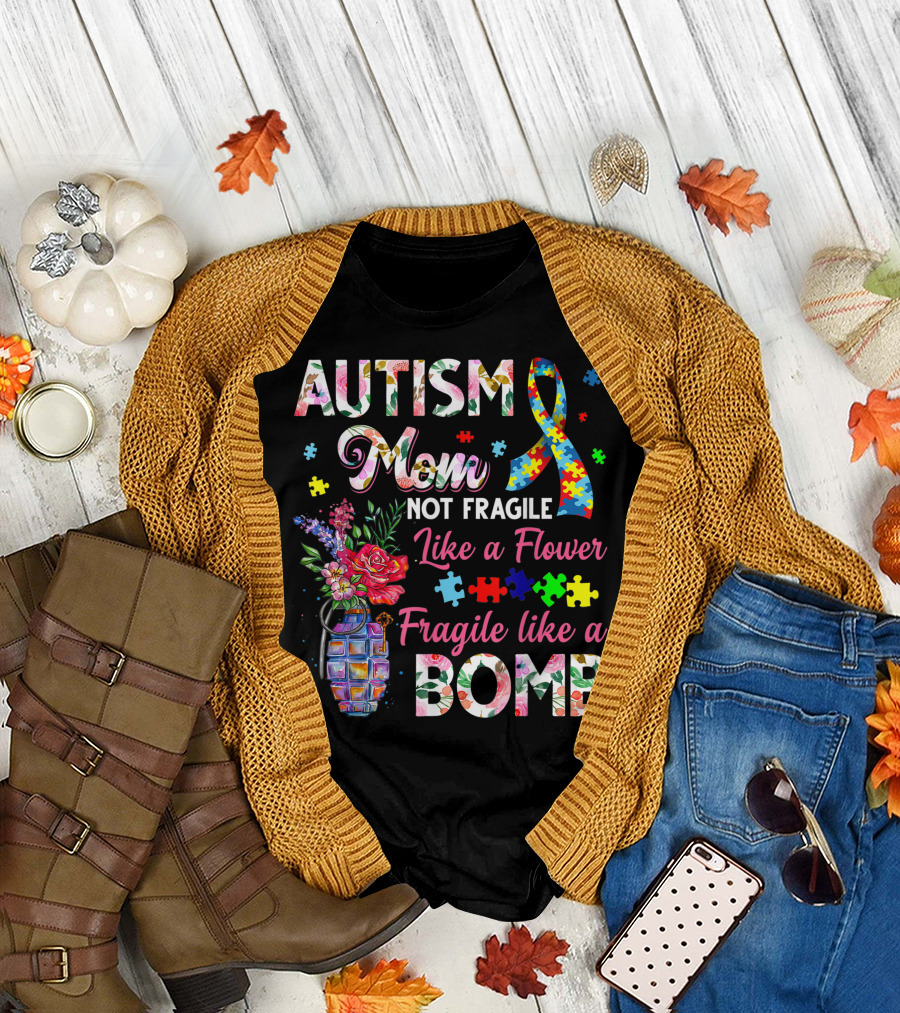 Autism Mom Not Fragile Like A Flower Fragile Like A Bomb Puzzle Ribbon Flower Grenade T-Shirt