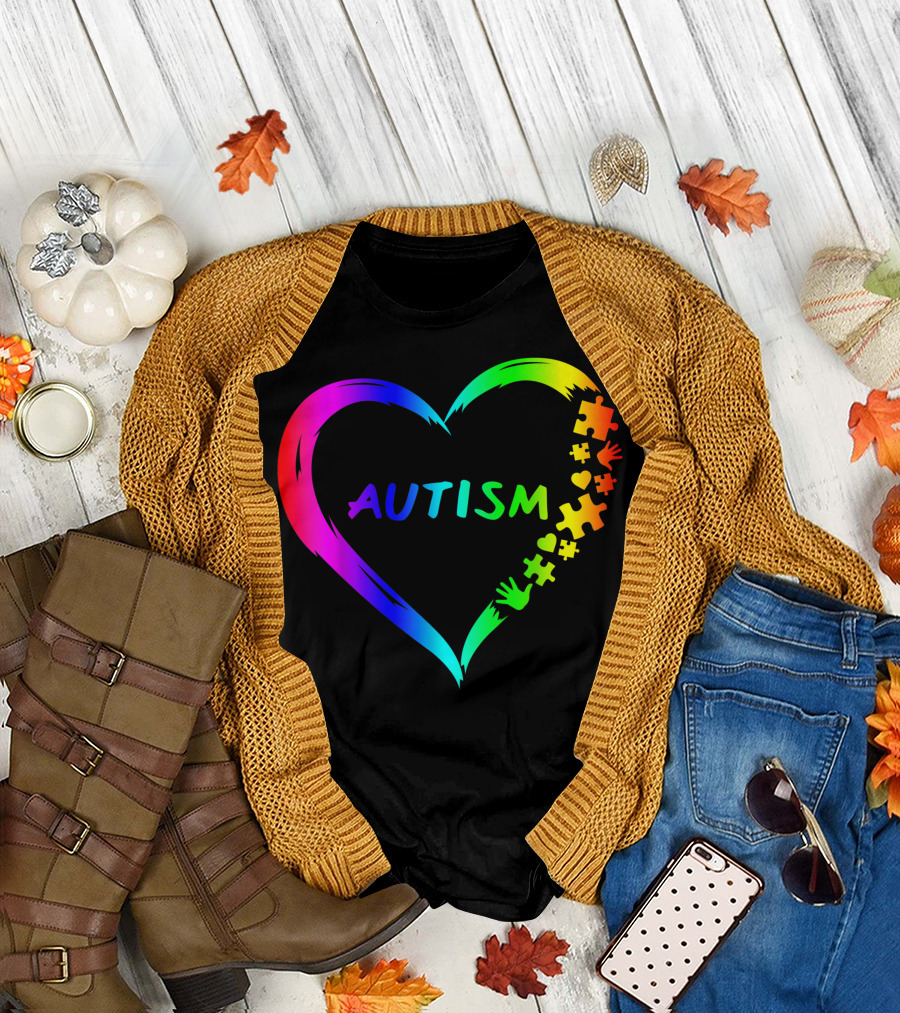 Autism Awareness Month Heart Ribbon Puzzle Difference T-Shirt