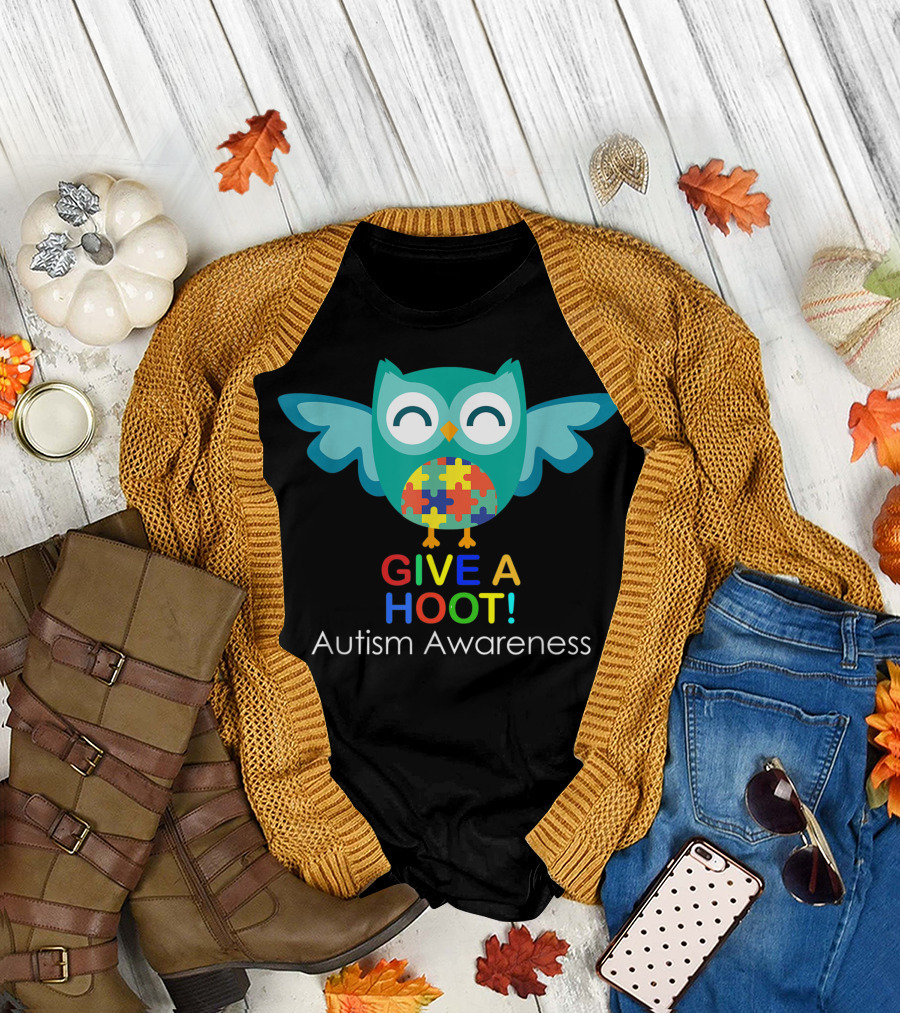 Autism Awareness Give A Hoot Colorful Puzzle Owl T-Shirt