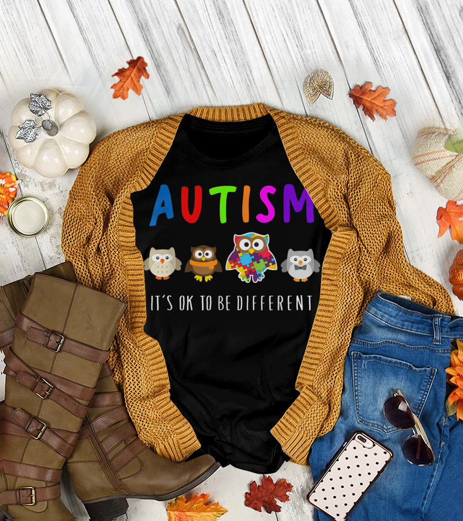 Autism Owls It's OK To Be Different Autism Awareness Puzzle T-Shirt