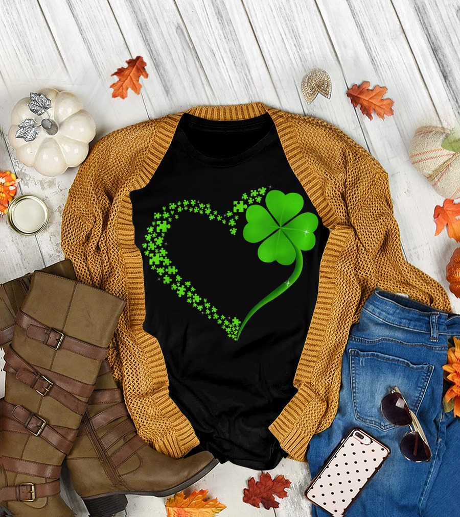 Autism Puzzle Pieces Shamrock Heart Clover T-Shirt