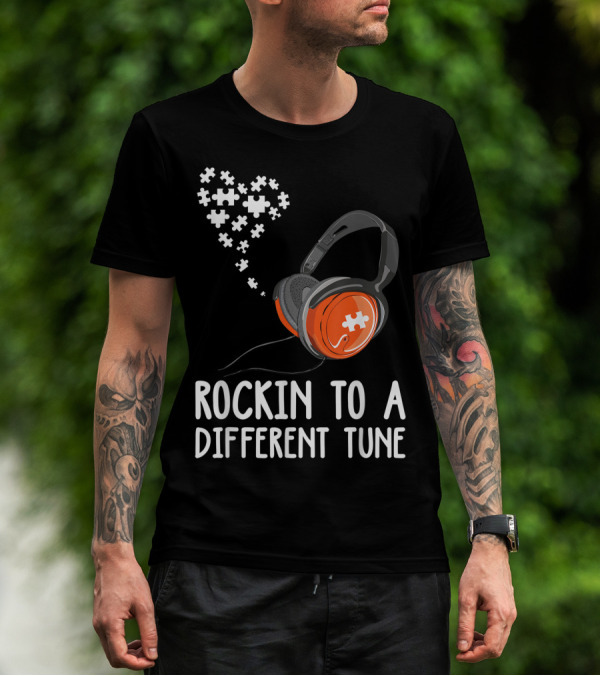 Rockin To A Different Tune Headphones Autism Puzzle Heart T-Shirt