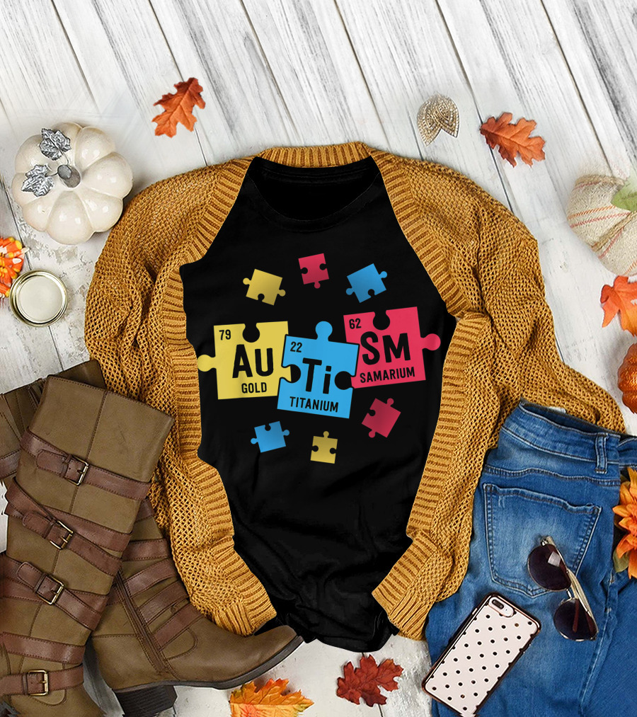 Autism Au Gold Ti Titanium Sm Samarium Periodic Table Puzzle Elements T-Shirt