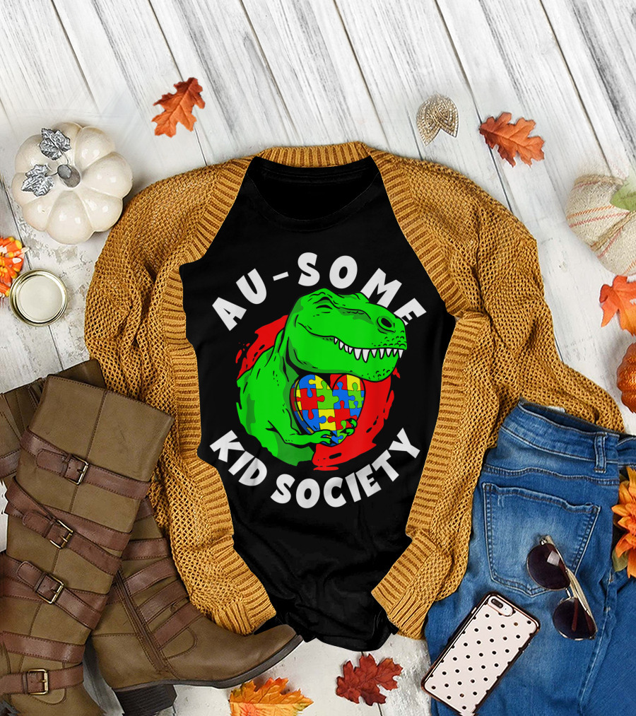 Au-Some Kid Society Rex Dinosaur Autism Puzzle Heart T-Shirt
