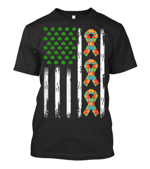 Autism St Patricks Day USA Flag Shamrock Puzzle T-Shirt