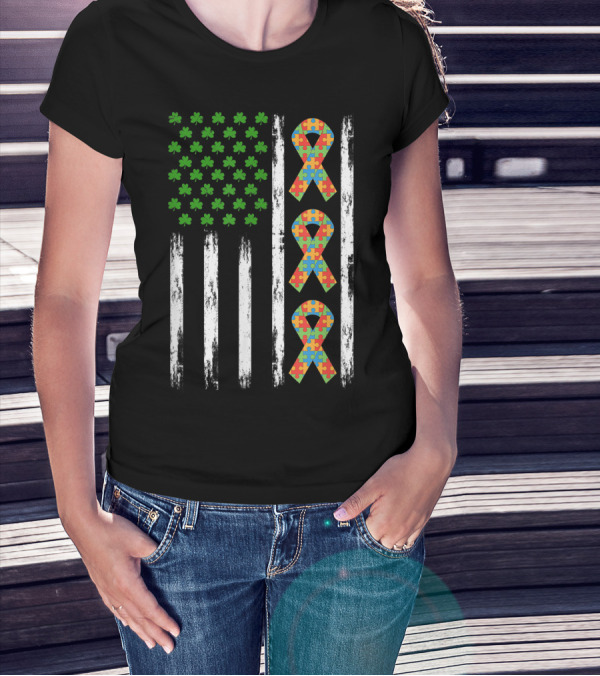 Autism St Patricks Day USA Flag Shamrock Puzzle T-Shirt