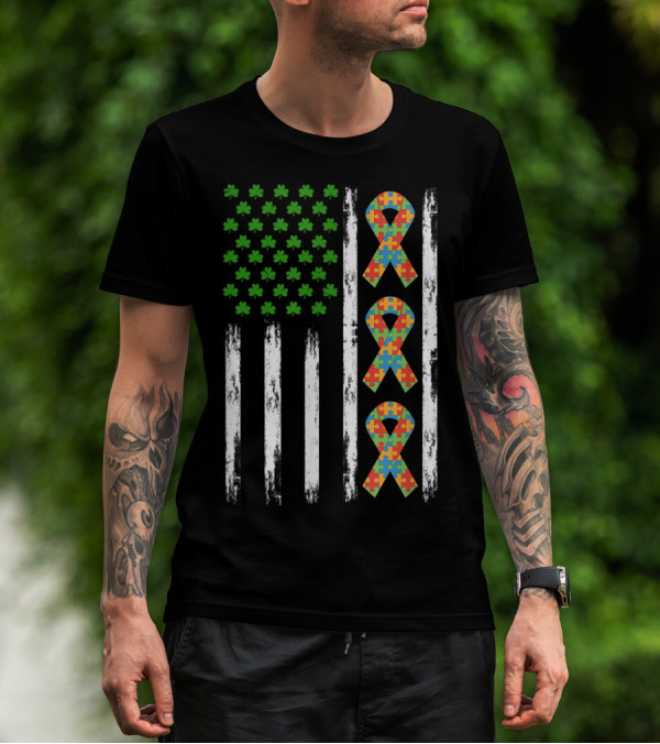 Autism St Patricks Day USA Flag Shamrock Puzzle T-Shirt