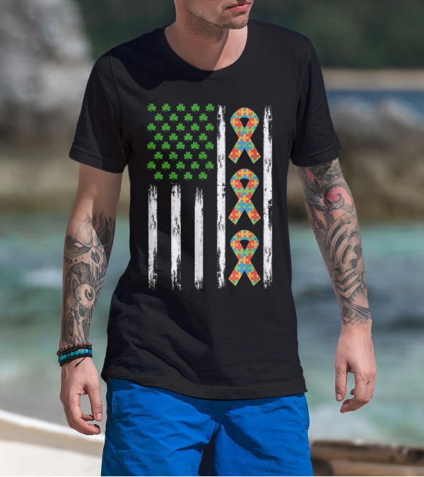 Autism St Patricks Day USA Flag Shamrock Puzzle T-Shirt