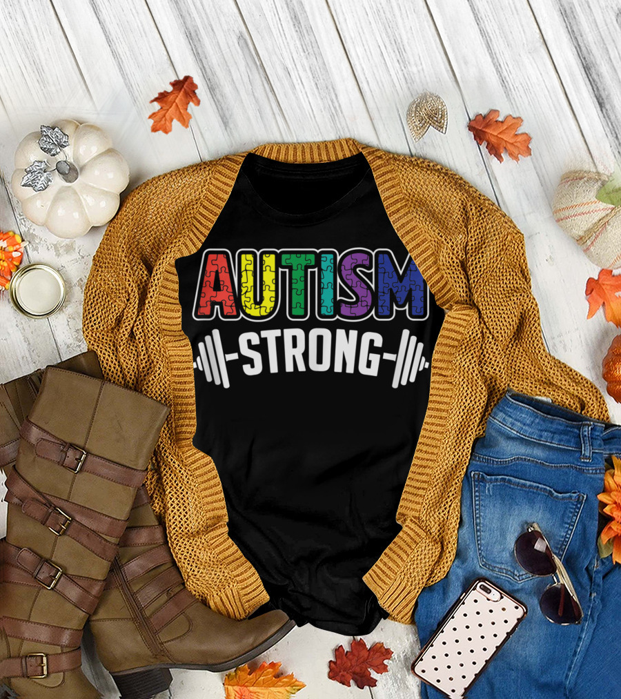 Autism Strong Multicolored Puzzle Piece Awareness with Barbell T-Shirt