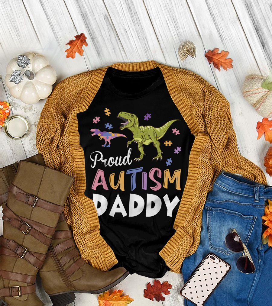 Proud Autism Daddy Dinosaurs with Puzzle Pieces T-Shirt