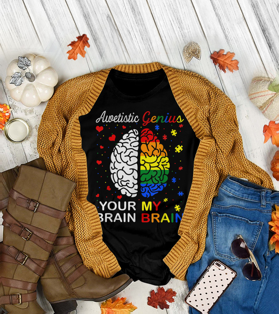 Awetistic Genius Your Brain My Brain Autism Awareness Rainbow Puzzle Hearts T-Shirt