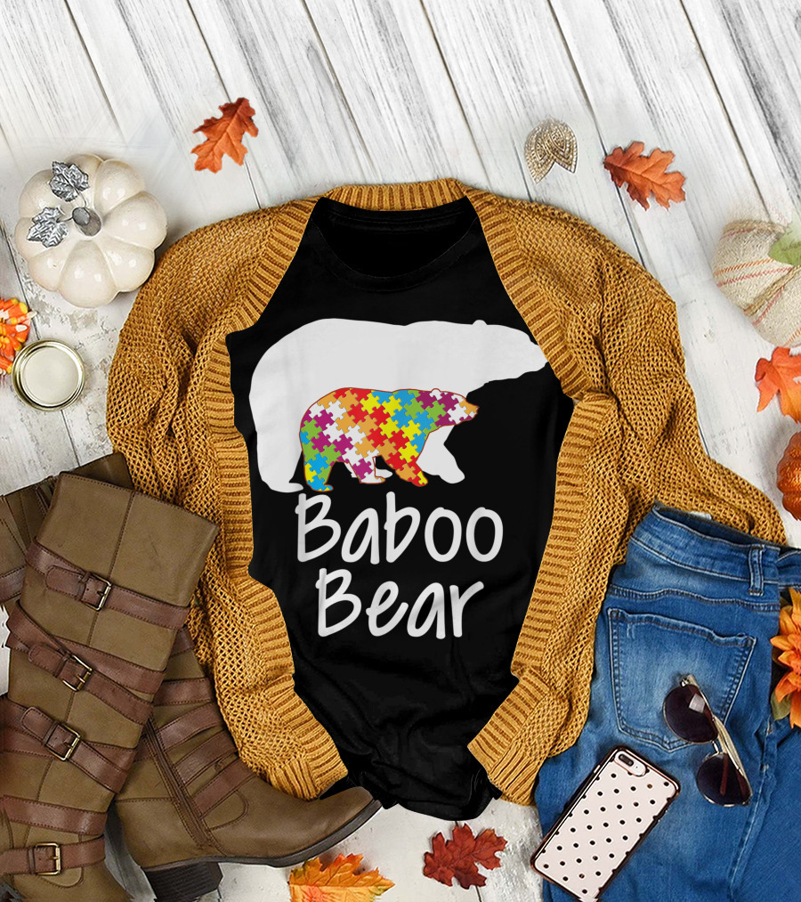 Baboo Bear Autism Awareness Rainbow Puzzle Ribbon Day T-Shirt