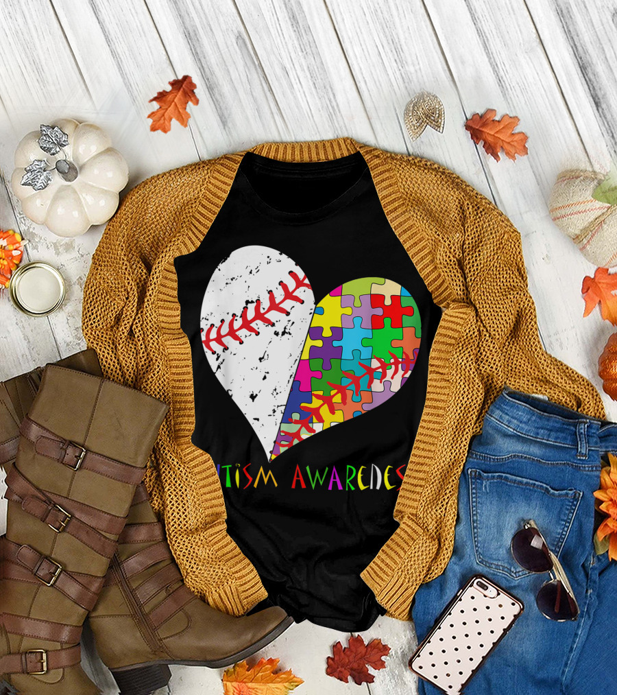 Baseball Heart Puzzle Autism Awareness T-Shirt