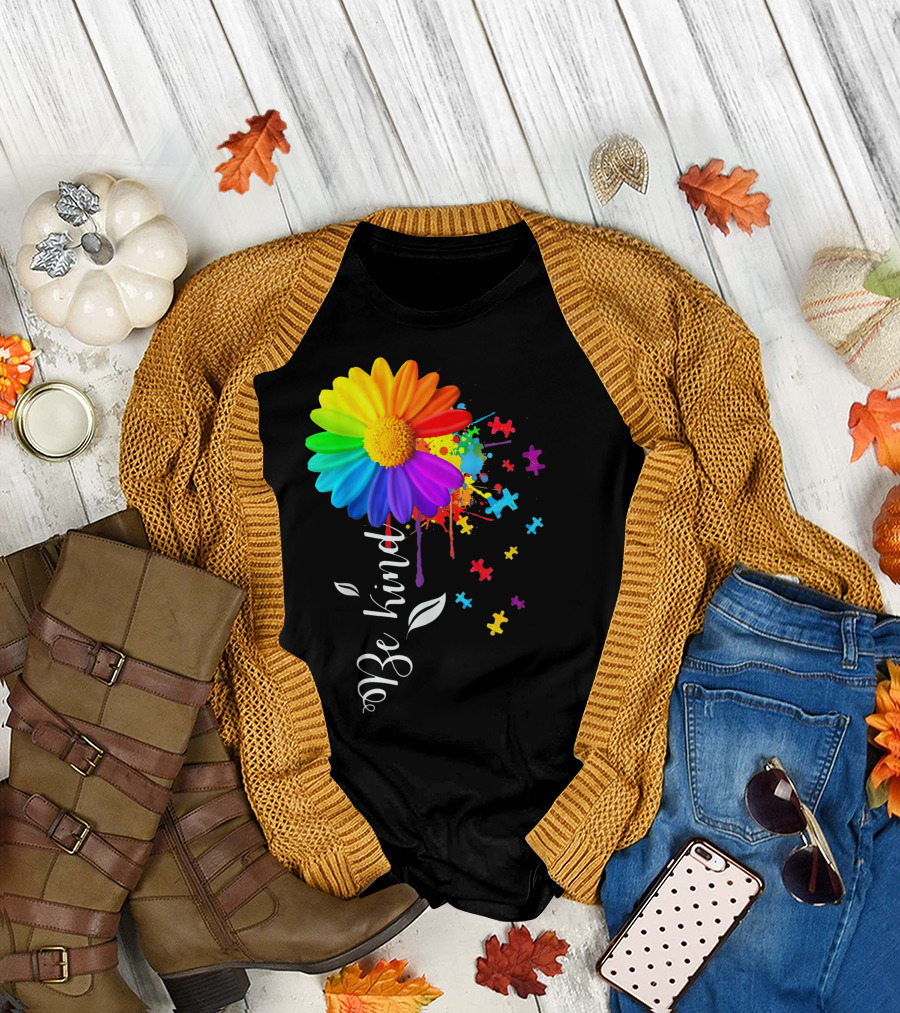 Be Kind Autism Awareness Rainbow Flower Puzzle Pieces T-Shirt