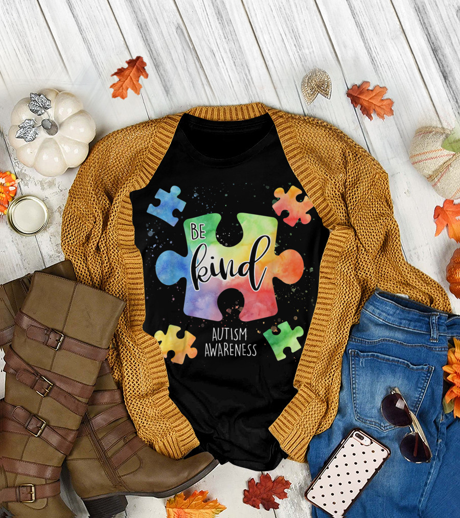 Be Kind Rainbow Puzzle Pieces Autism Awareness T-Shirt