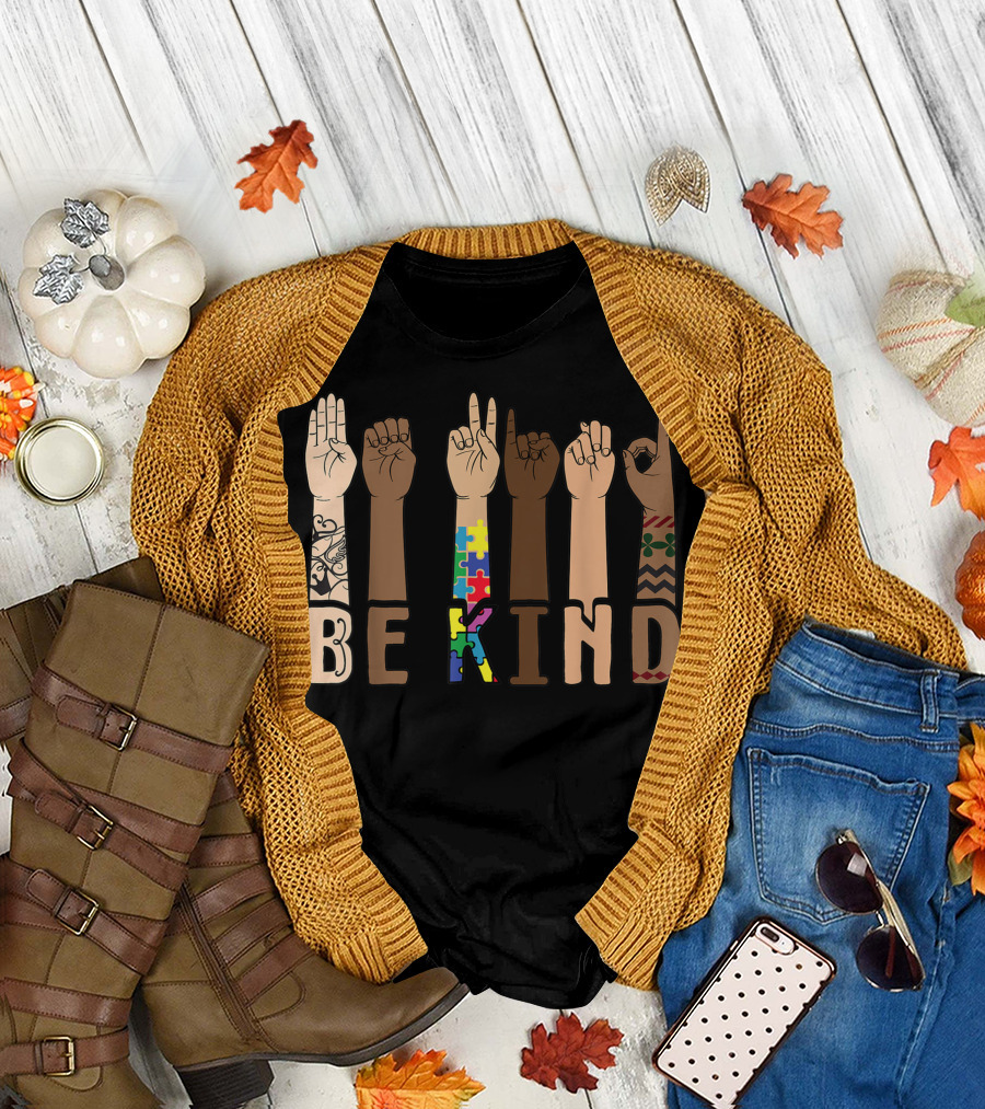 Be Kind ASL Sign Language Puzzle Autism Awareness Hands T-Shirt