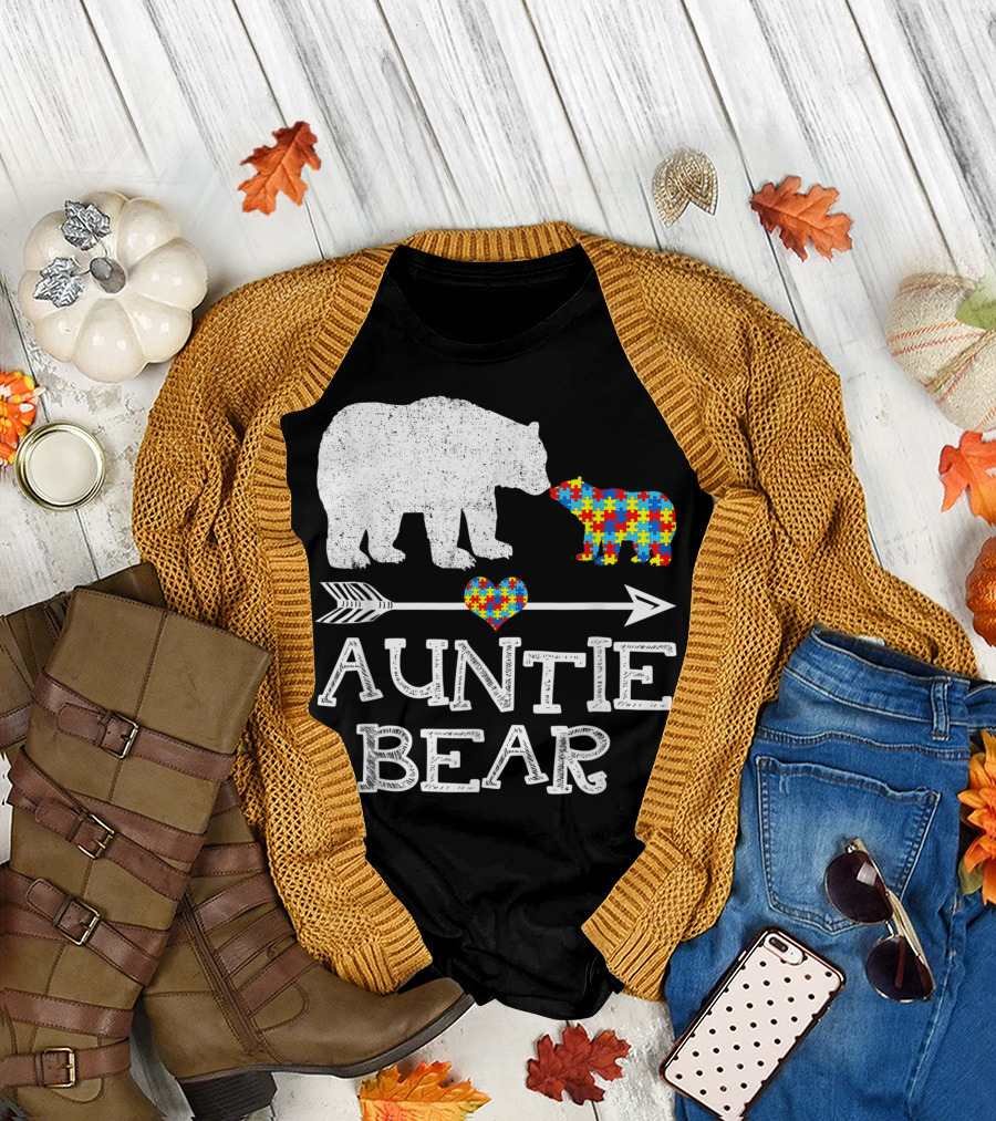 Auntie Bear Autism Puzzle Heart Awareness T-Shirt