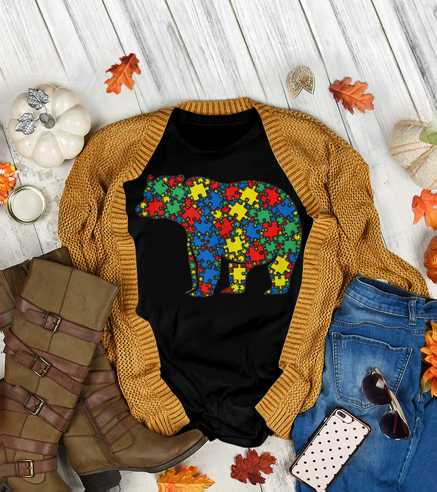 Bear Autism Puzzle Men Kids Autism Awareness T-Shirt