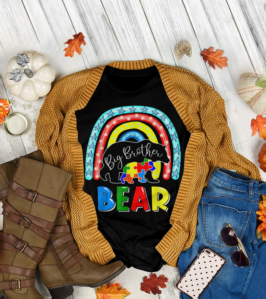 Big Brother Bear Autism Awareness Puzzle Piece Rainbow Support T-Shirt
