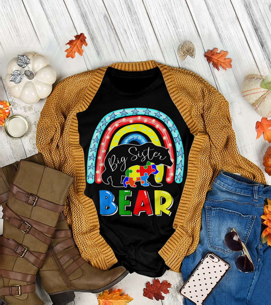 Big Sister Bear Autism Awareness Rainbow Puzzle Piece Support T-Shirt