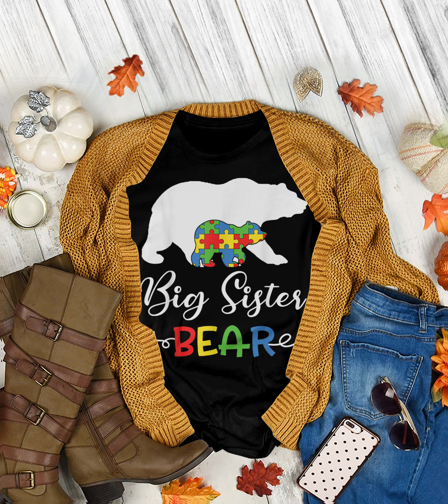 Big Sister Bear Autism Awareness Puzzle Piece Girl T-Shirt
