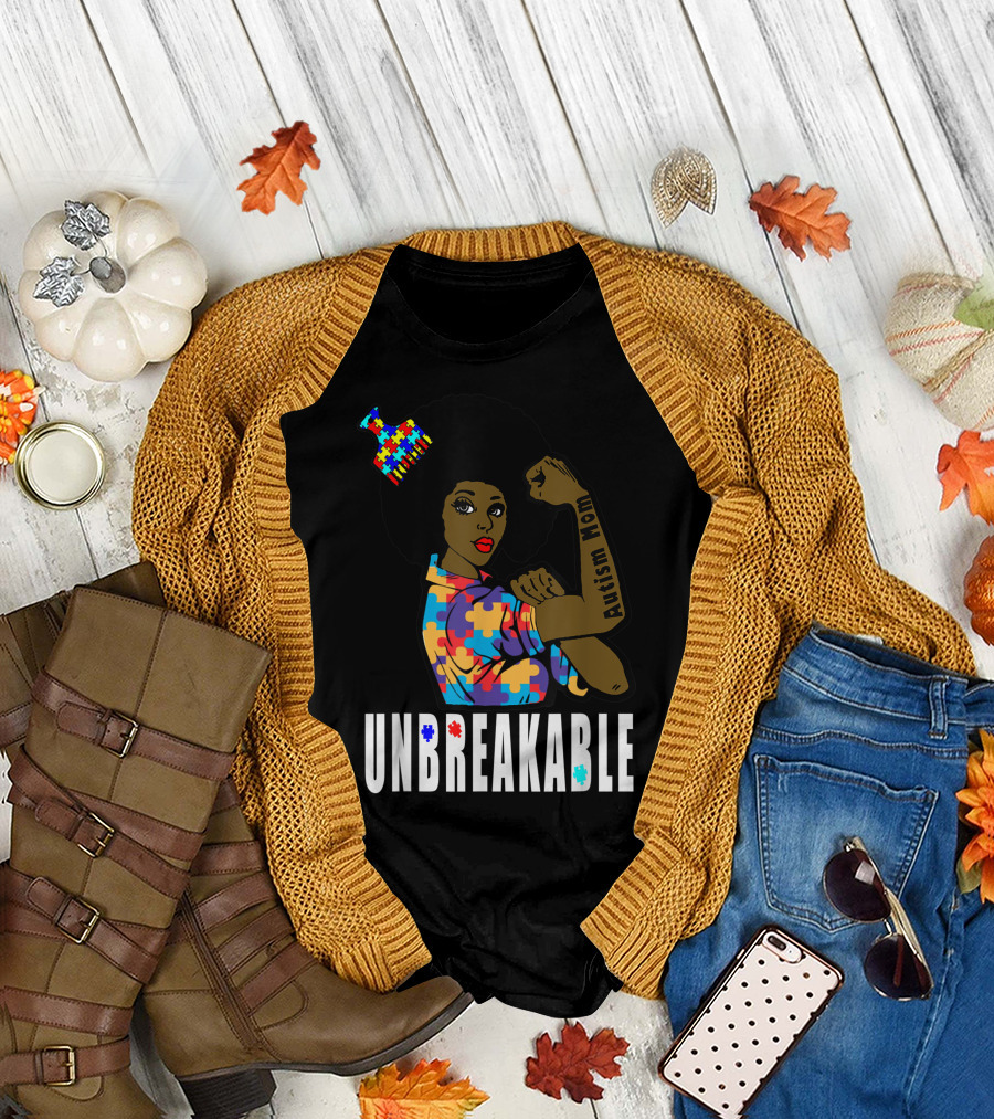 Unbreakable Black Autism Mom with Puzzle Pattern Afro and Autism Awareness T-Shirt