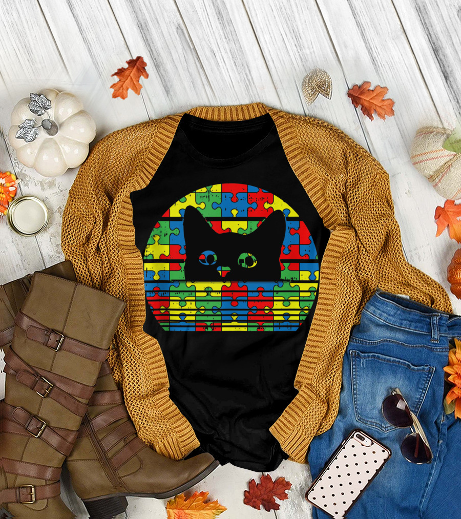 Black Cat Autism Awareness Puzzle Piece Kitten Kitty T-Shirt