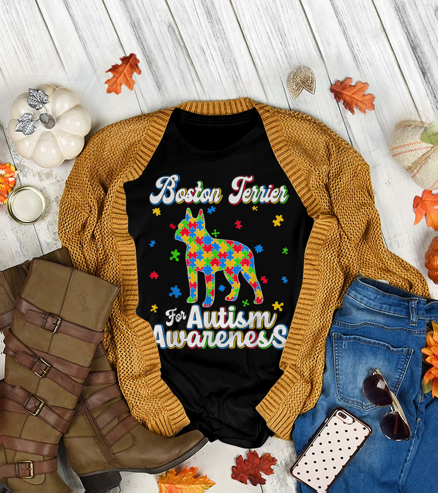 Boston Terrier For Autism Awareness Dog Dad Dog T-Shirt