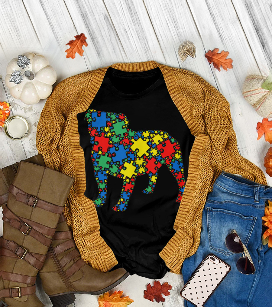 Bulldog Autism Puzzle Pattern for Men Kids Autism Awareness T-Shirt