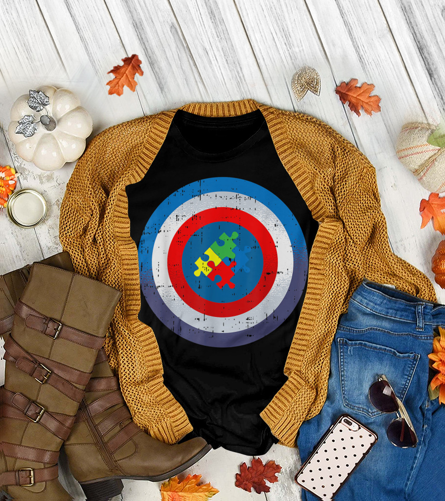 Captain Autism Awareness Super Hero Puzzle Shield T-Shirt