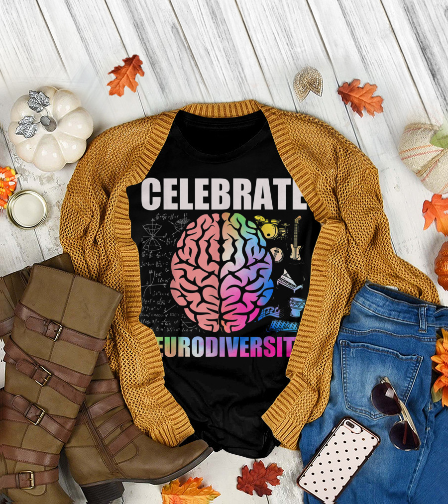 Celebrate Neurodiversity ADHD Brain Autism Support Rainbow Brain Music Math Instruments T-Shirt