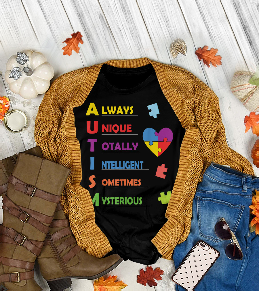 Colorful Autism Always Unique Totally Intelligent Sometimes Mysterious Heart Puzzle T-Shirt