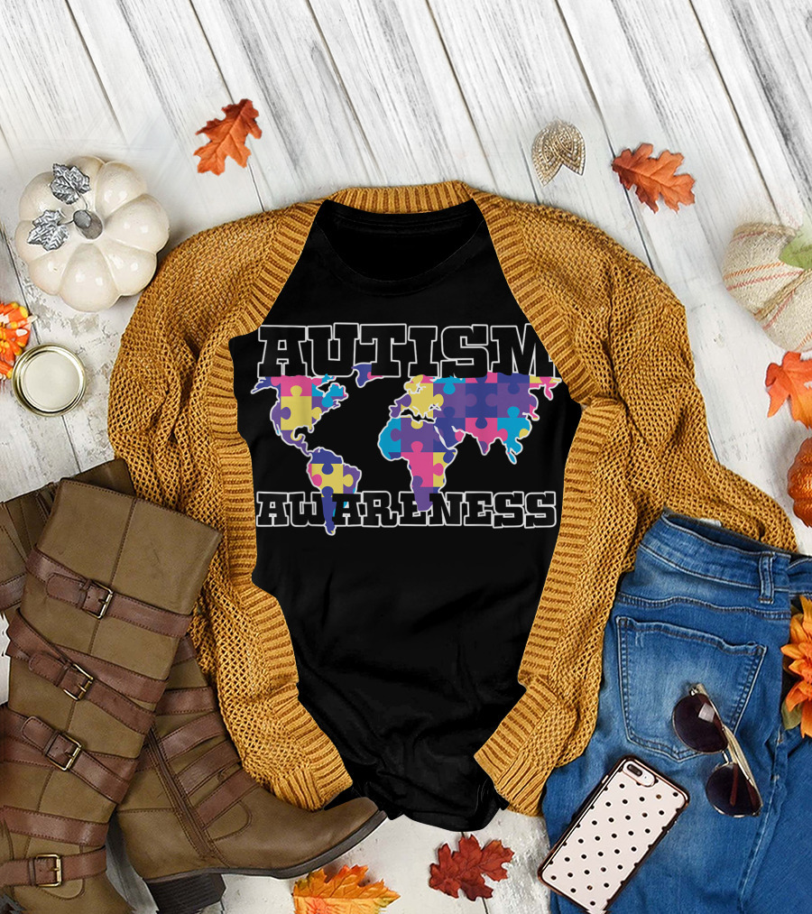 Autism Awareness Colorful World Map with Puzzle Pieces T-Shirt