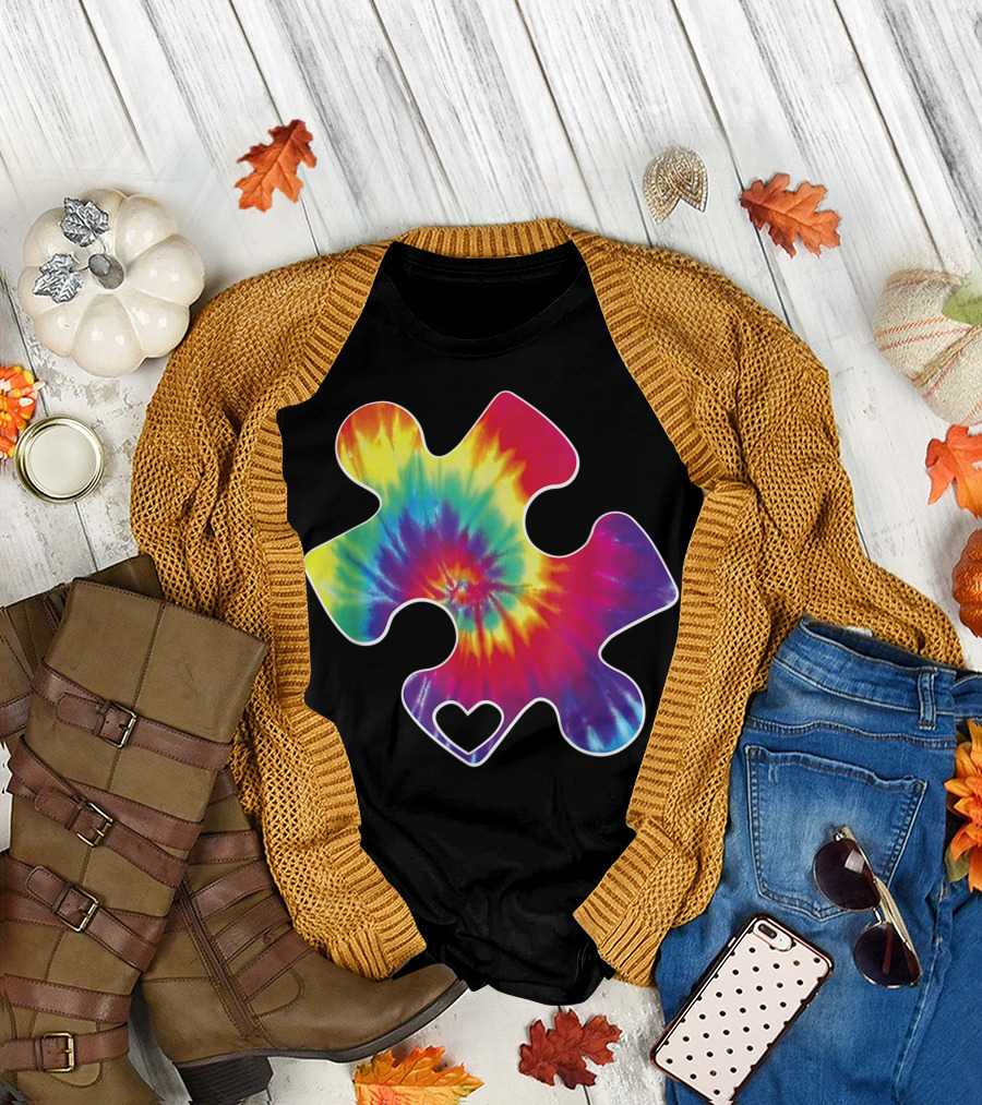 Cool Autism Awareness Tie Dye Puzzle Heart Rainbow T-Shirt