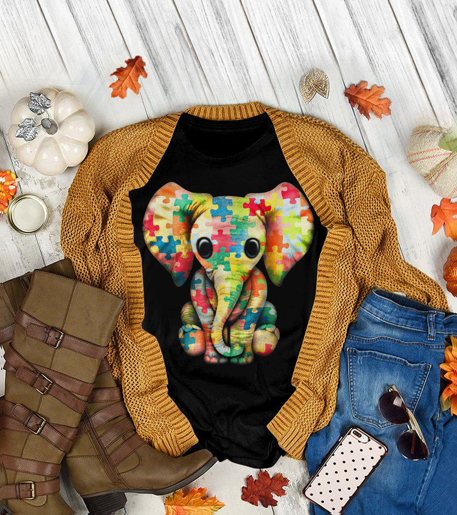 Cute Baby Elephant Autism Awareness Hippie Puzzle T-Shirt