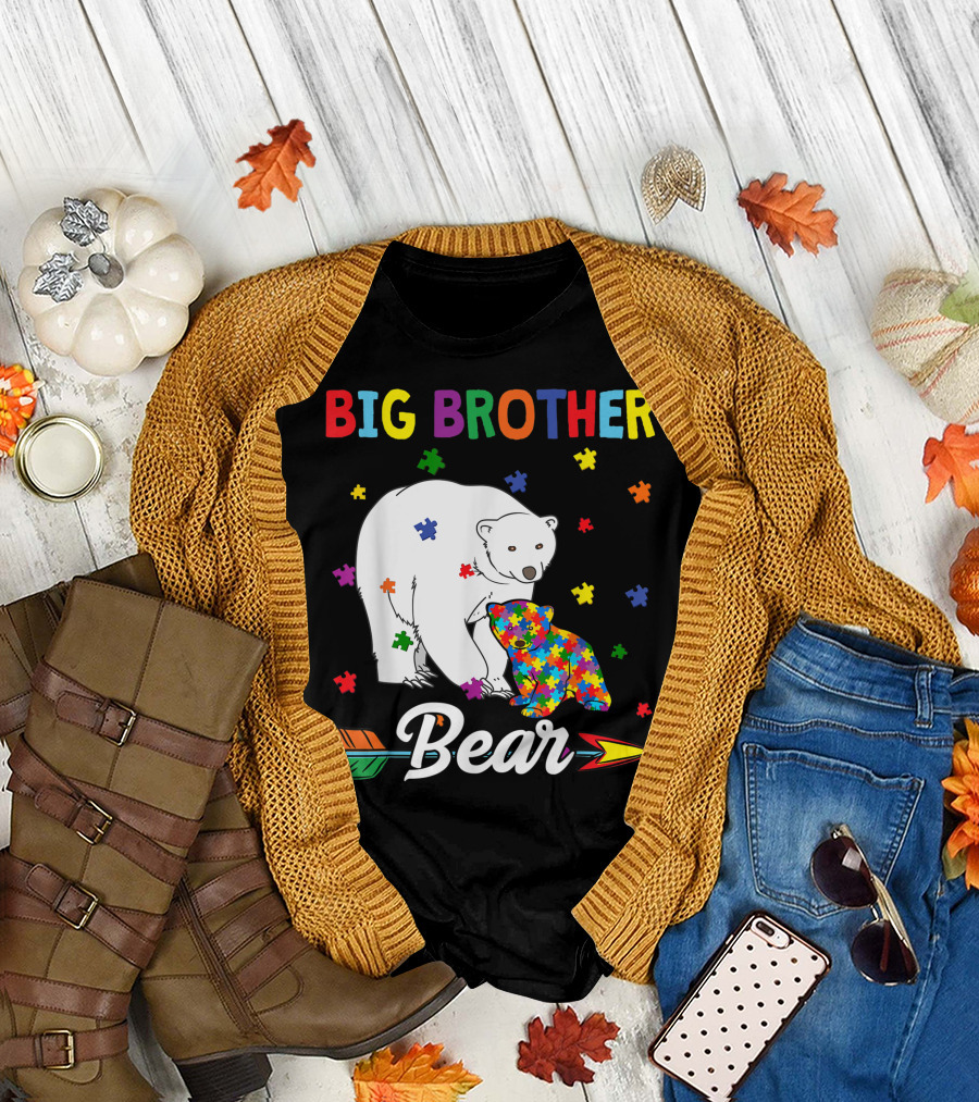 Big Brother Bear Autism Awareness Month Family Puzzle Arrow T-Shirt
