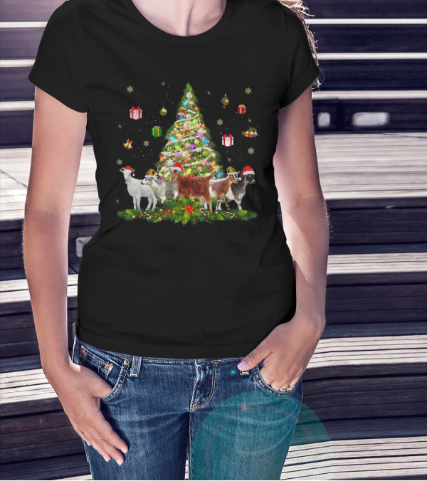 Festive Goats By Christmas Tree With Holiday Gifts And Decorations T-Shirt