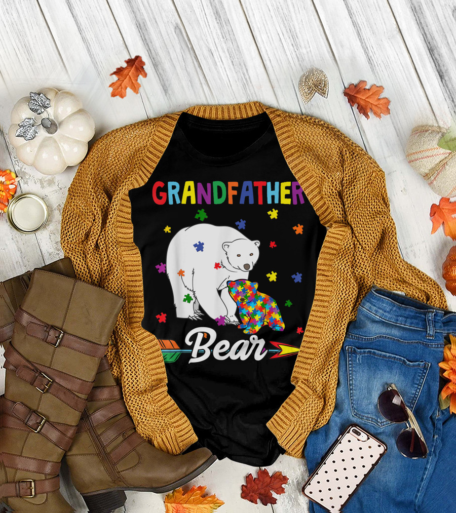 Grandfather Bear Autism Awareness Puzzle Piece Family Cute T-Shirt