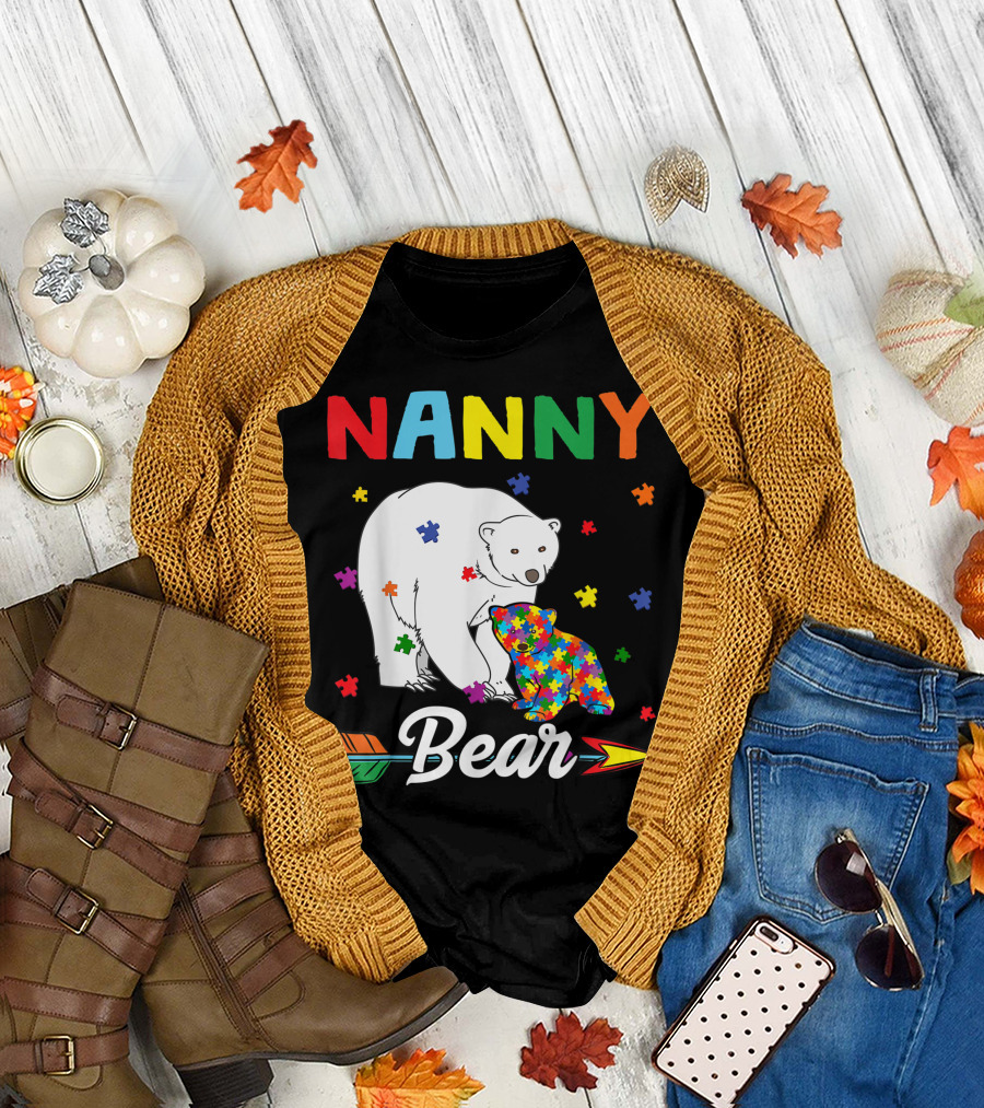 Nanny Bear Autism Awareness Month Family Puzzle Pieces T-Shirt