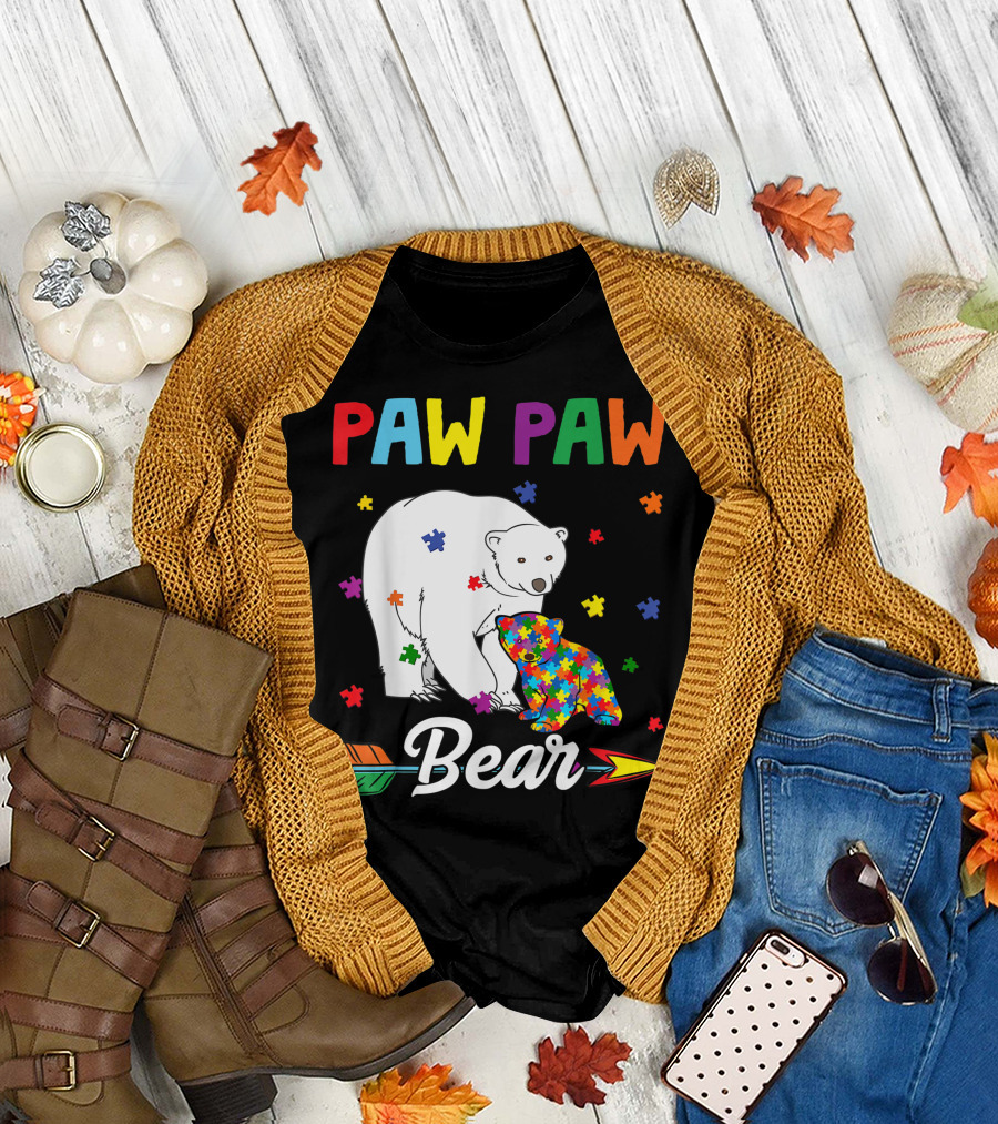 Paw Paw Bear Autism Awareness Puzzle Pieces Family T-Shirt