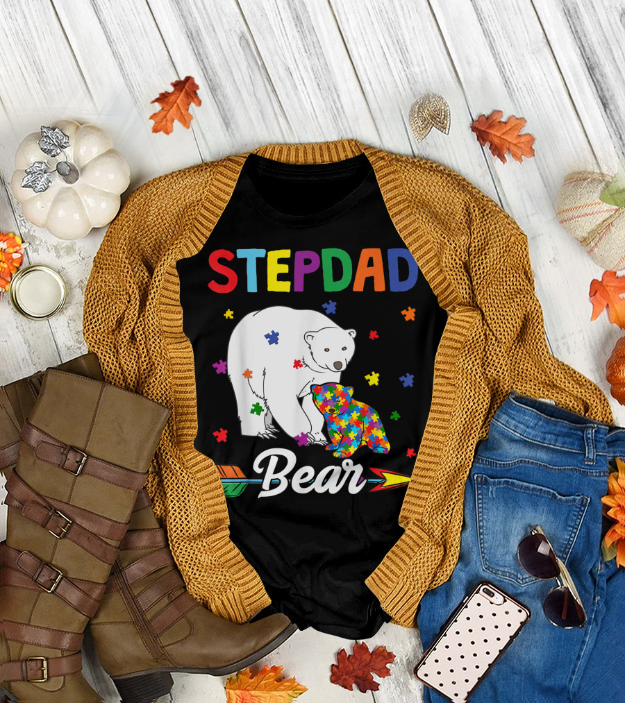 Stepdad Bear Autism Awareness Month Family Puzzle Pieces T-Shirt