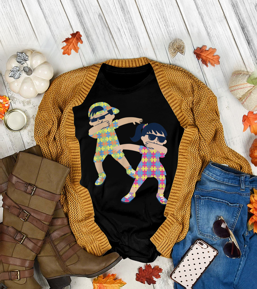 Dabbing Kids in Autism Puzzle Piece Outfits T-Shirt