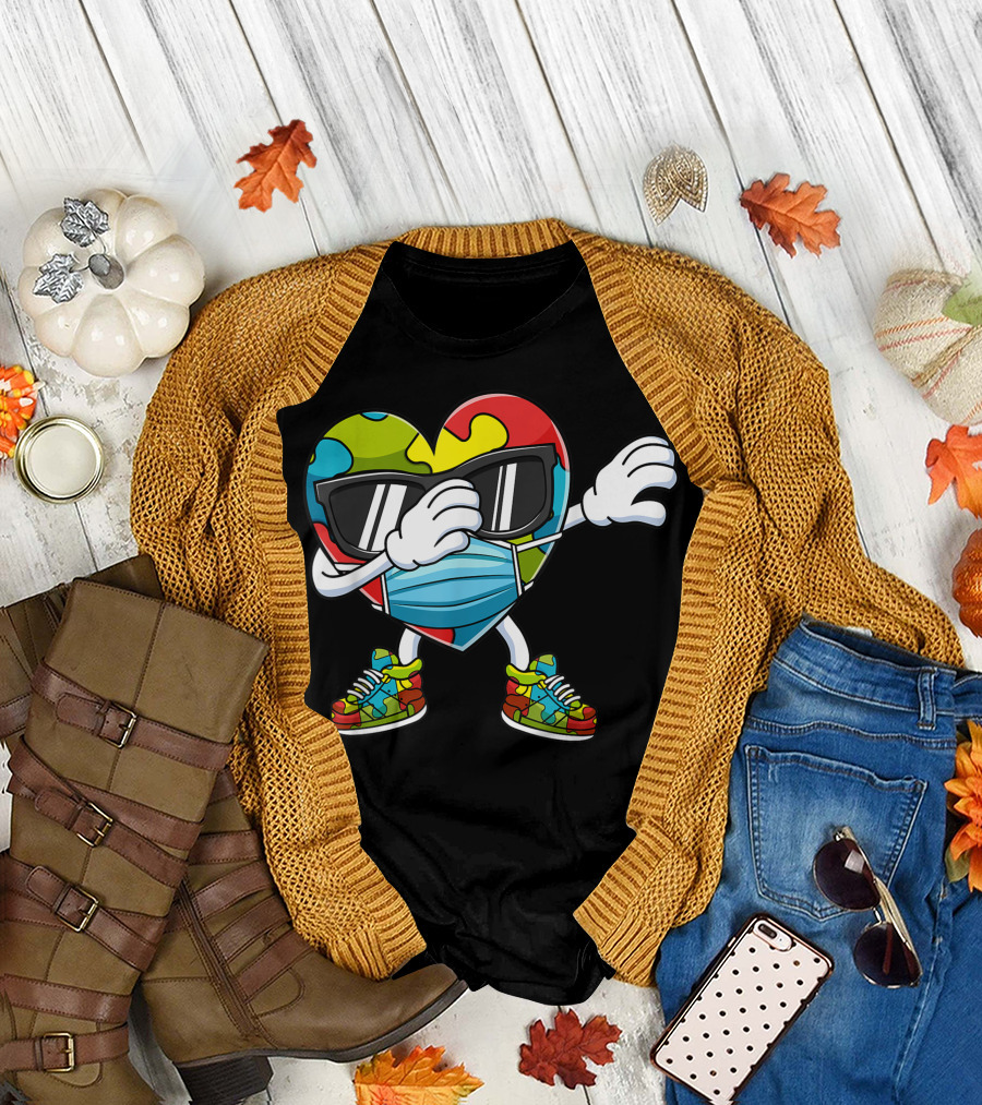 Dabbing Heart with Puzzle Piece Shoes and Mask Autism Awareness T-Shirt