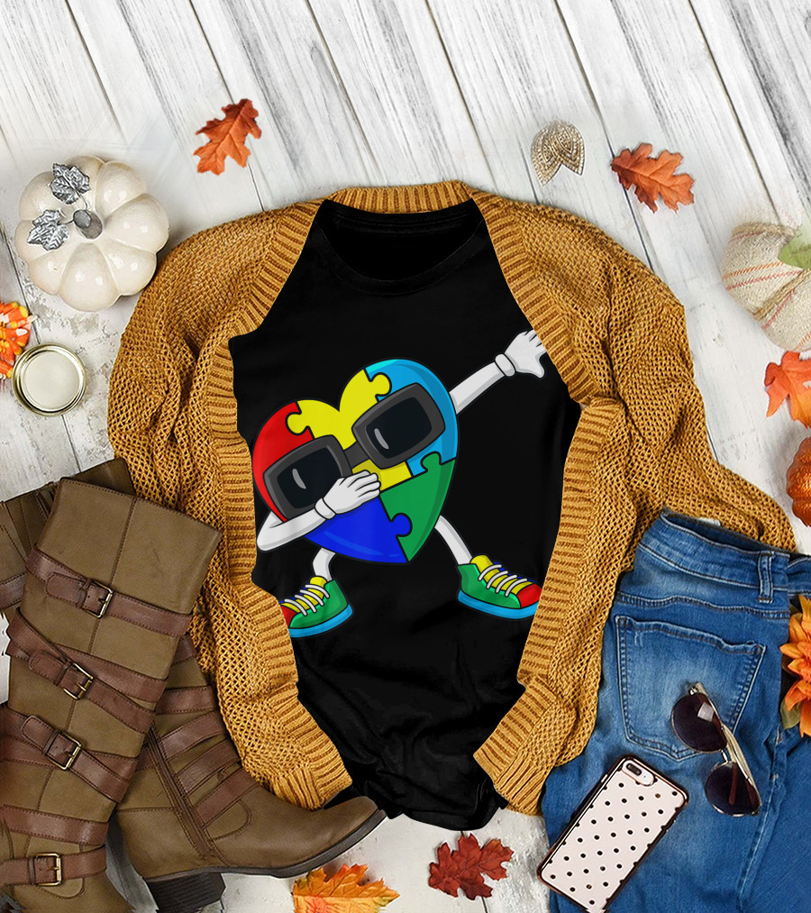 Dabbing Heart Wearing Sunglasses with Puzzle Pieces Autism Dab T-Shirt
